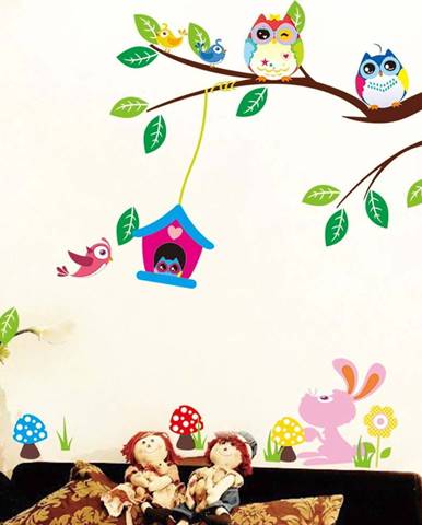 Sada nástěnných dětských samolepek Ambiance Owls and Bird Cage On Tree