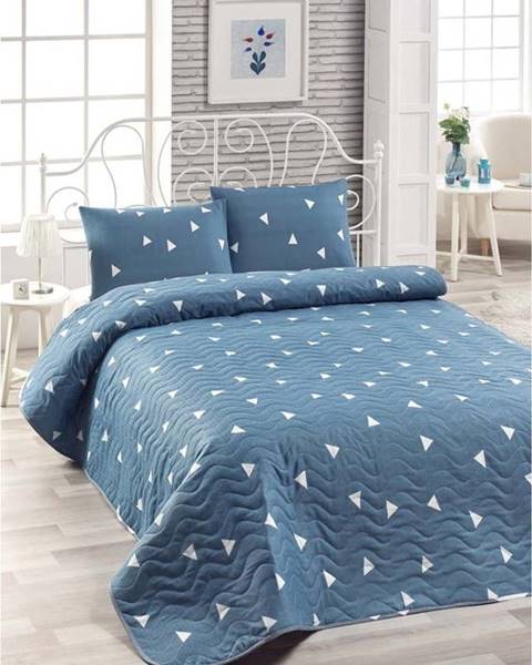 EnLora Home Set modrého přehozu přes postel a povlaku na polštář Mismo Cula, 160 x 220 cm