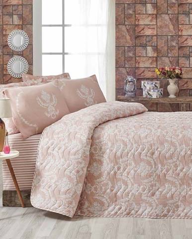 Růžový přehoz přes postel na dvoulůžko s povlaky na polštáře Livia, 200 x 220 cm