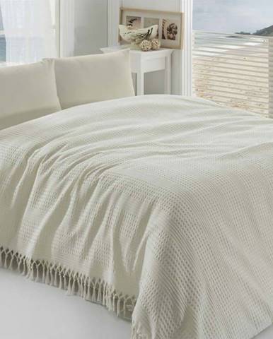Krémový lehký bavlněný přehoz přes postel na dvoulůžko Pique, 220 x 240 cm