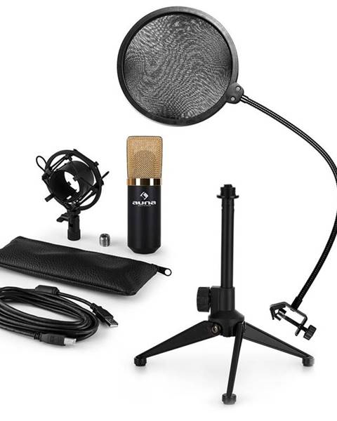 Auna Auna MIC-900BG-LED V2, USB mikrofonní sada, černo zlatý kondenzátorový mikrofon + pop-filter + stolní stativ