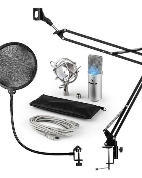 Auna Auna MIC-900S-LED, USB MIKROFONNÍ SADA V4, STŘÍBRNÁ, kondenzátorové mikrofony, POP FILTER, mikrofonní rameno, LED