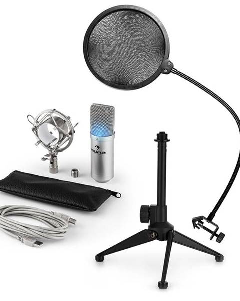 Auna Auna MIC-900S-LED V2, USB mikrofonní sada, stříbrný kondenzátorový mikrofon + pop-filter + stolní stativ