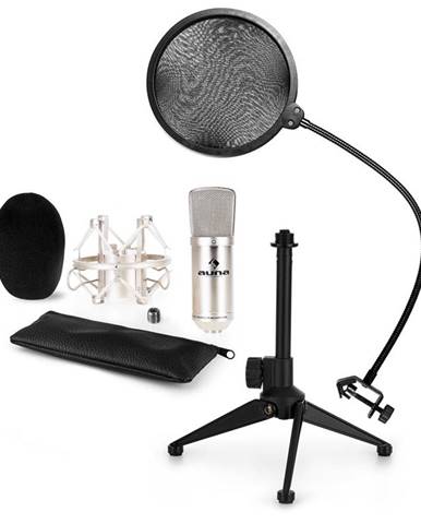Auna CM001S mikrofonní sada V2 – kondenzátorový mikrofon, mikrofonní stojan, pop filtr, stříbrná barva