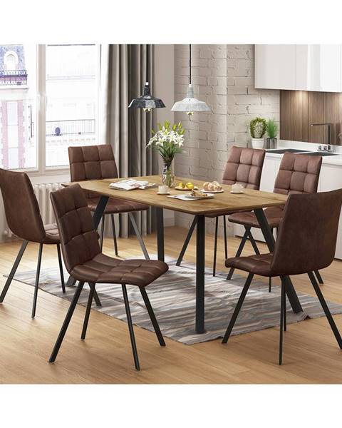 IDEA Nábytek Jídelní stůl BERGEN dub + 6 židlí BERGEN hnědé mikrovlákno