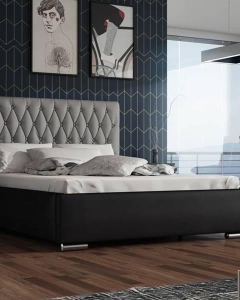 Čalouněná postel TOKIO 130x200 cm s roštem a matrací, šedá látka/černá ekokůže
