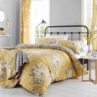 Žlutý přehoz přes postel s motivem květin Catherine Lansfield, 220 x 230 cm