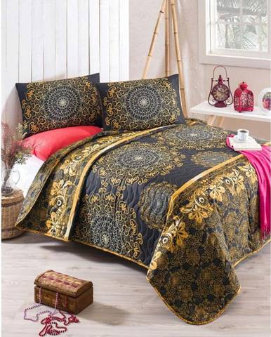 Set přehozu přes postel a povlaku na polštář s příměsí bavlny Sehri Ala Gold, 160 x 220 cm
