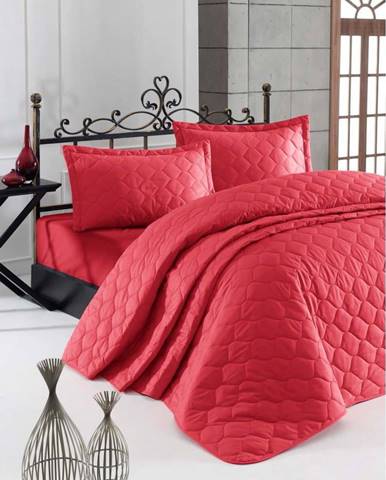 Červený přehoz přes postel se 2 povlaky na polštář z ranforce bavlny EnLora Home Fresh, 225 x 240 cm