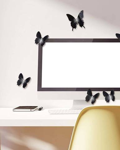 Sada 12 černých adhezivních 3D samolepek Ambiance Wall Butterflies