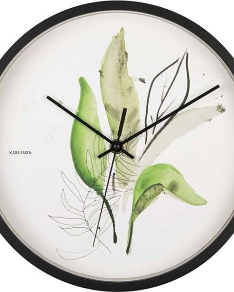 Karlsson Zeleno-bílé nástěnné hodiny v černém rámu Karlsson Leaves, ø 26 cm