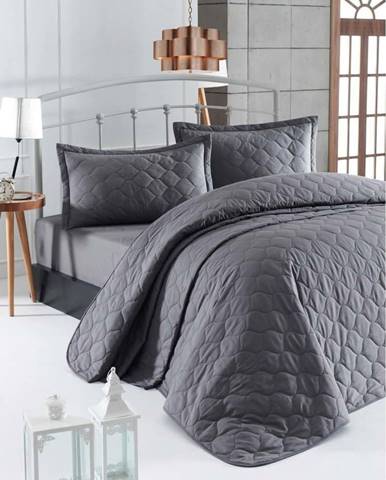 Tmavě šedý přehoz přes postel se 2 povlaky na polštář z ranforce bavlny EnLora Home Fresh, 225 x 240 cm