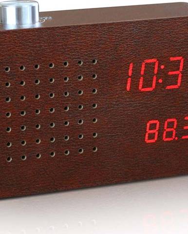 Tmavě hnědý budík s červeným LED displejem a rádiem Gingko Radio Click Clock