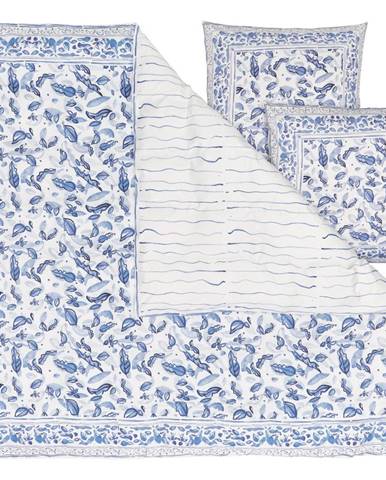 Modro-bílé povlečení na dvoulůžko z bavlněného saténu Westwing Collection, 200 x 200 cm